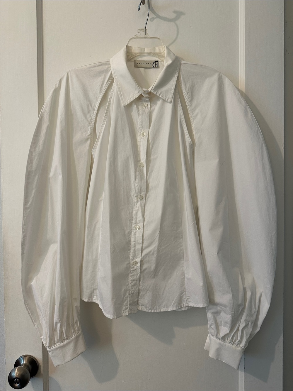 White Puff Sleeve Button-Down Shirt with cutouts
